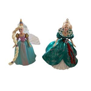 Set of 2 Barbie 2002 Rapunzel Barbie Holiday Ornament Mini Collectible Dolls Dec